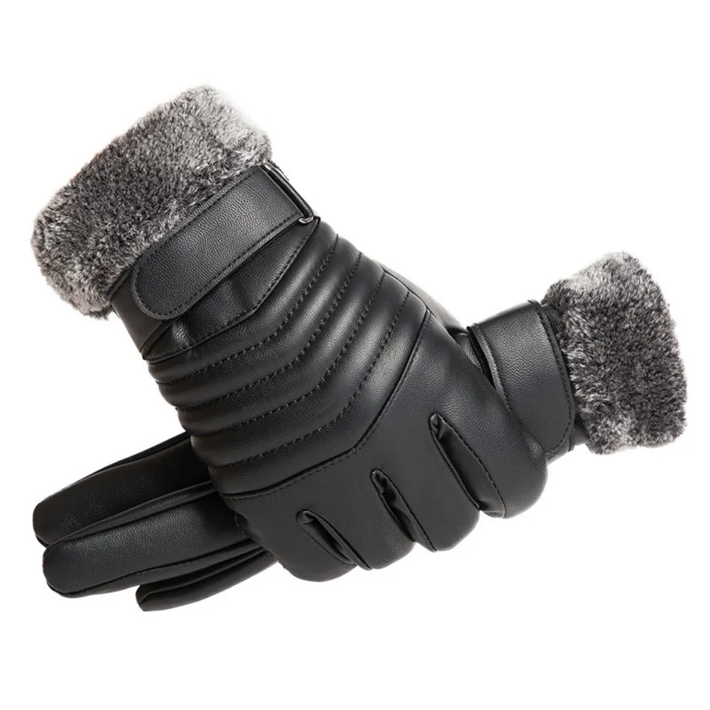 Men Winter Gloves Fur Mouth Plush Motorcycle Insulation Gloves Touch Screen PU Cotton Gloves 0