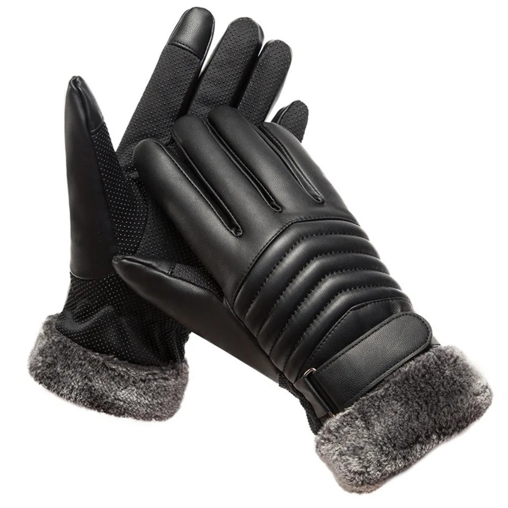 Men Winter Gloves Fur Mouth Plush Motorcycle Insulation Gloves Touch Screen PU Cotton Gloves 1