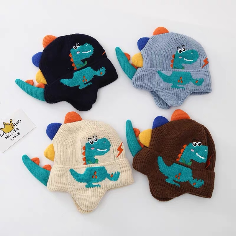 3D Dinosaur Kids Earmuffs Cap Cartoon, Winter Warm Baby Ear Protection Hat, Toddler Woolen Knitted Hats