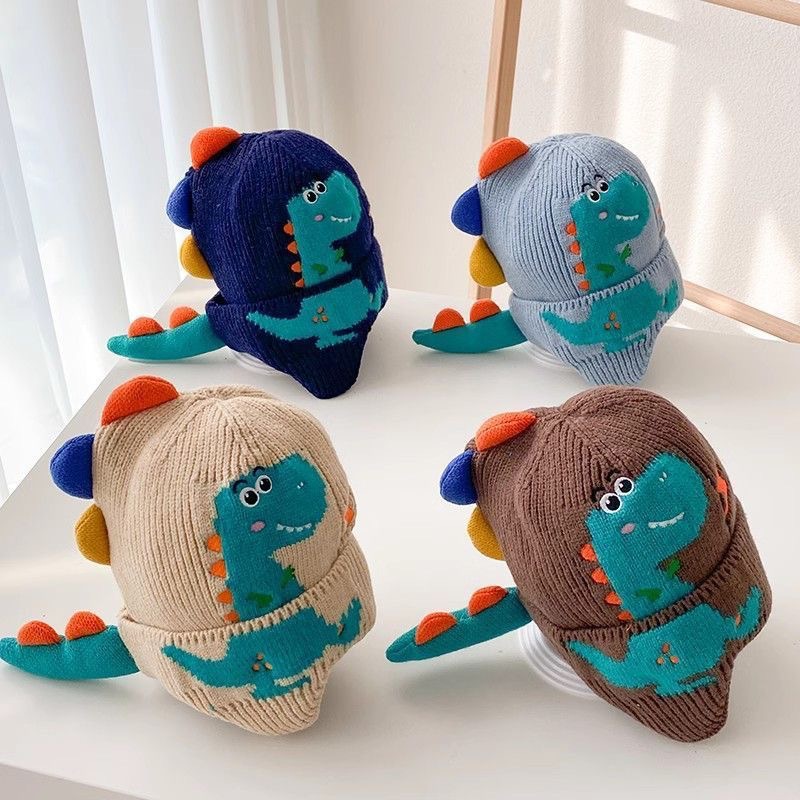 3D Dinosaur Kids Earmuffs Cap Cartoon, Winter Warm Baby Ear Protection Hat, Toddler Woolen Knitted Hats