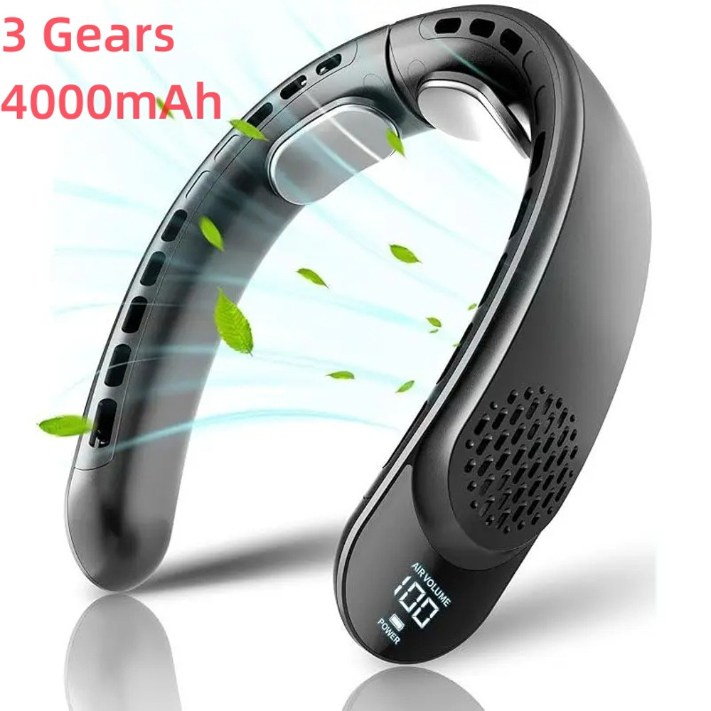 USB Neck Fan with Digital Display, Turbine Vaneless Design, Portable Quad-Core Cooling Fan for Outdoors