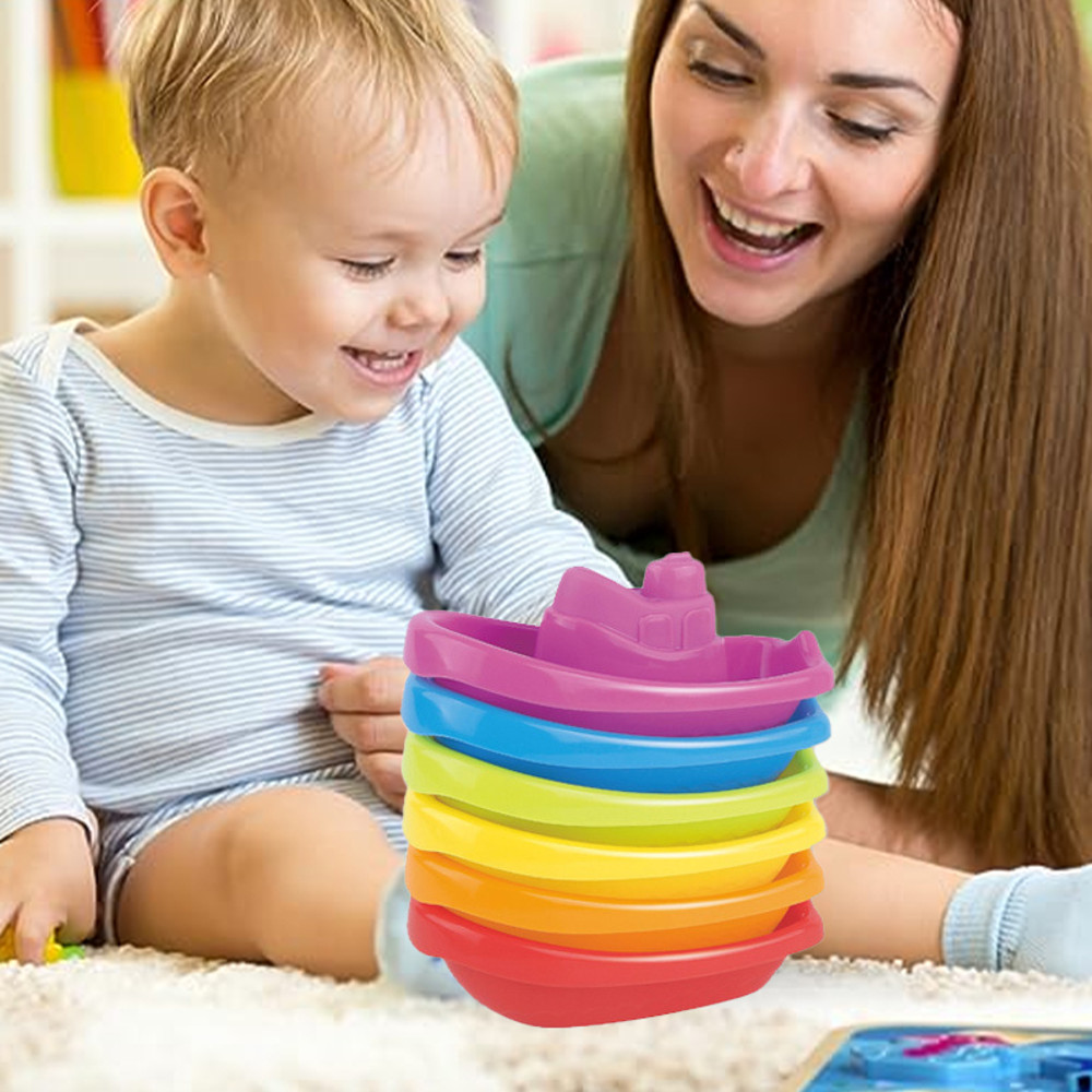 Boat Shaped Stacked Cup Montessori Children Toys, Baby Bath Toys Colorful Stacking Cups Folding Tower Toys Gift