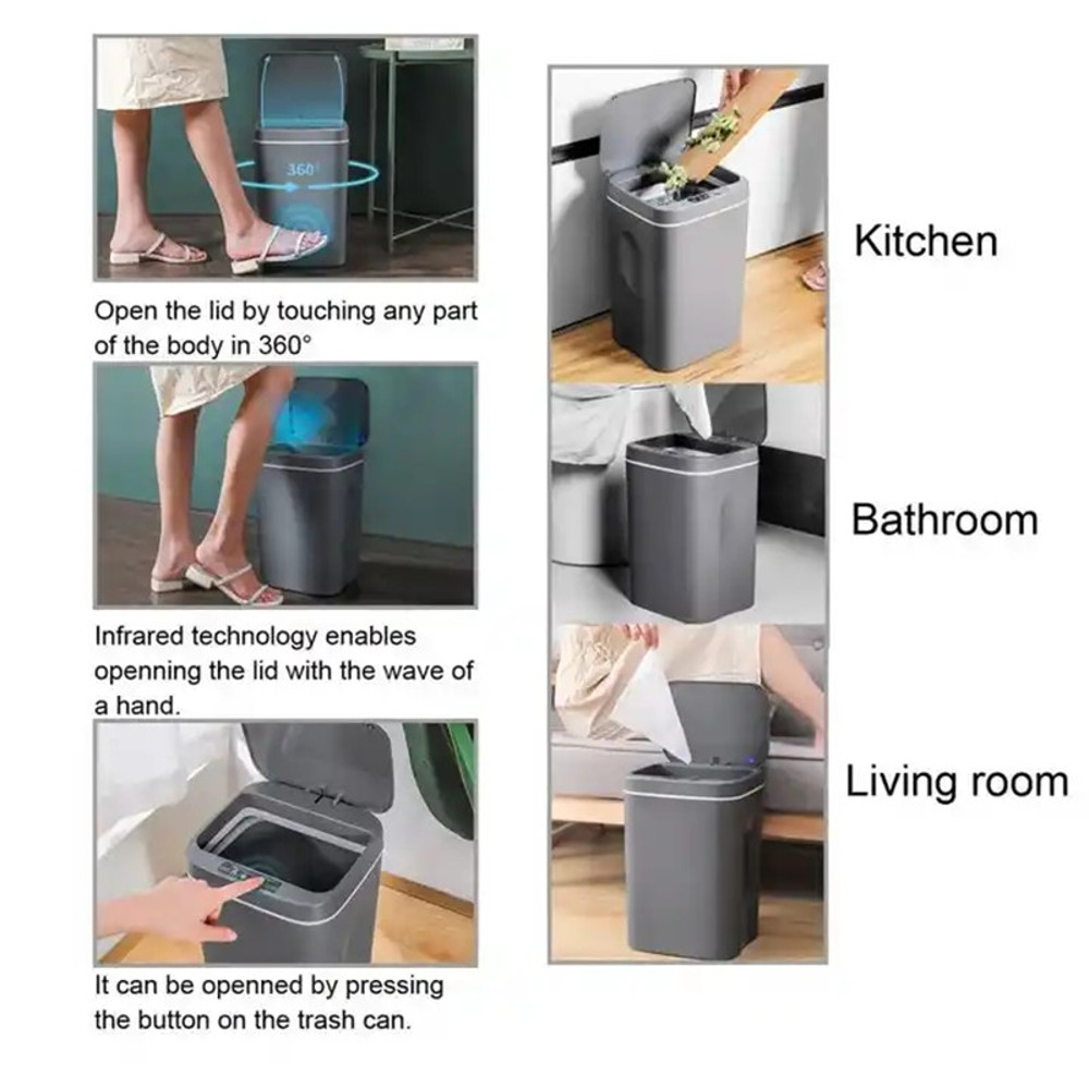 Electric Touchless Smart Bin, Automatic Sensor Trash Can, Waterproof Garbage Bucket with Lid for Home