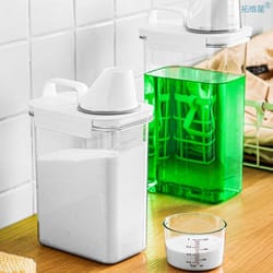 clear laundry detergent dispenser box, refillable storage container, softener bleach liquid with scale for easy