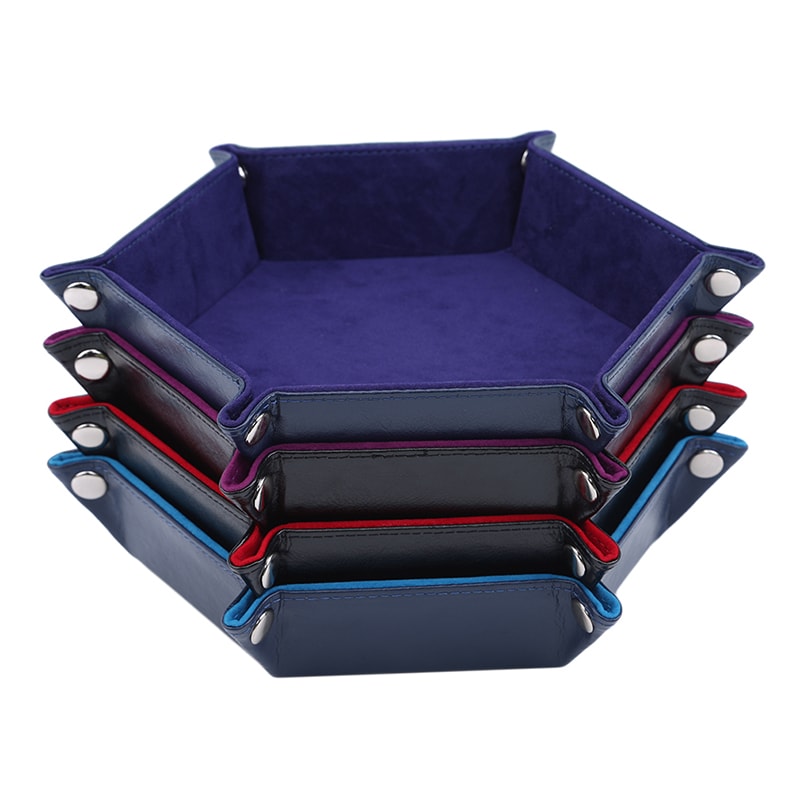 Hexagon Dice Game Storage Tray, Rolling Folding PU Leather Velvet Dice Mat