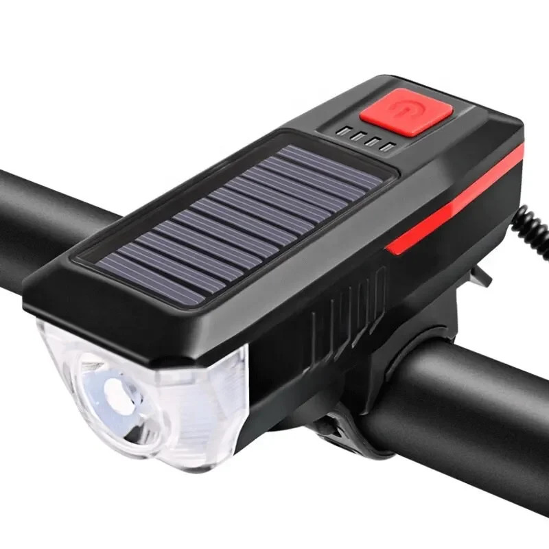 USB Rechargeable Solar Bicycle Light, Bike Front Lamp with Horn Flashlight, MTB Mountain Road Power Display Bicycle