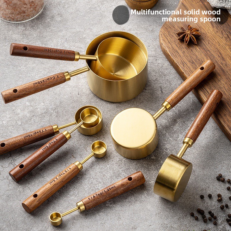 Piece Pro Barista Set Stackable, Stainless Steel Measuring Cups, Spoons with Wood Handle Metric Baking Kit for Coffee