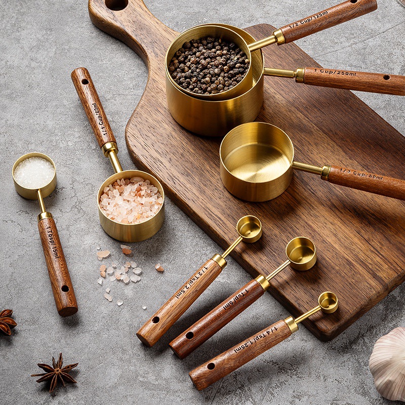 Piece Pro Barista Set Stackable, Stainless Steel Measuring Cups, Spoons with Wood Handle Metric Baking Kit for Coffee