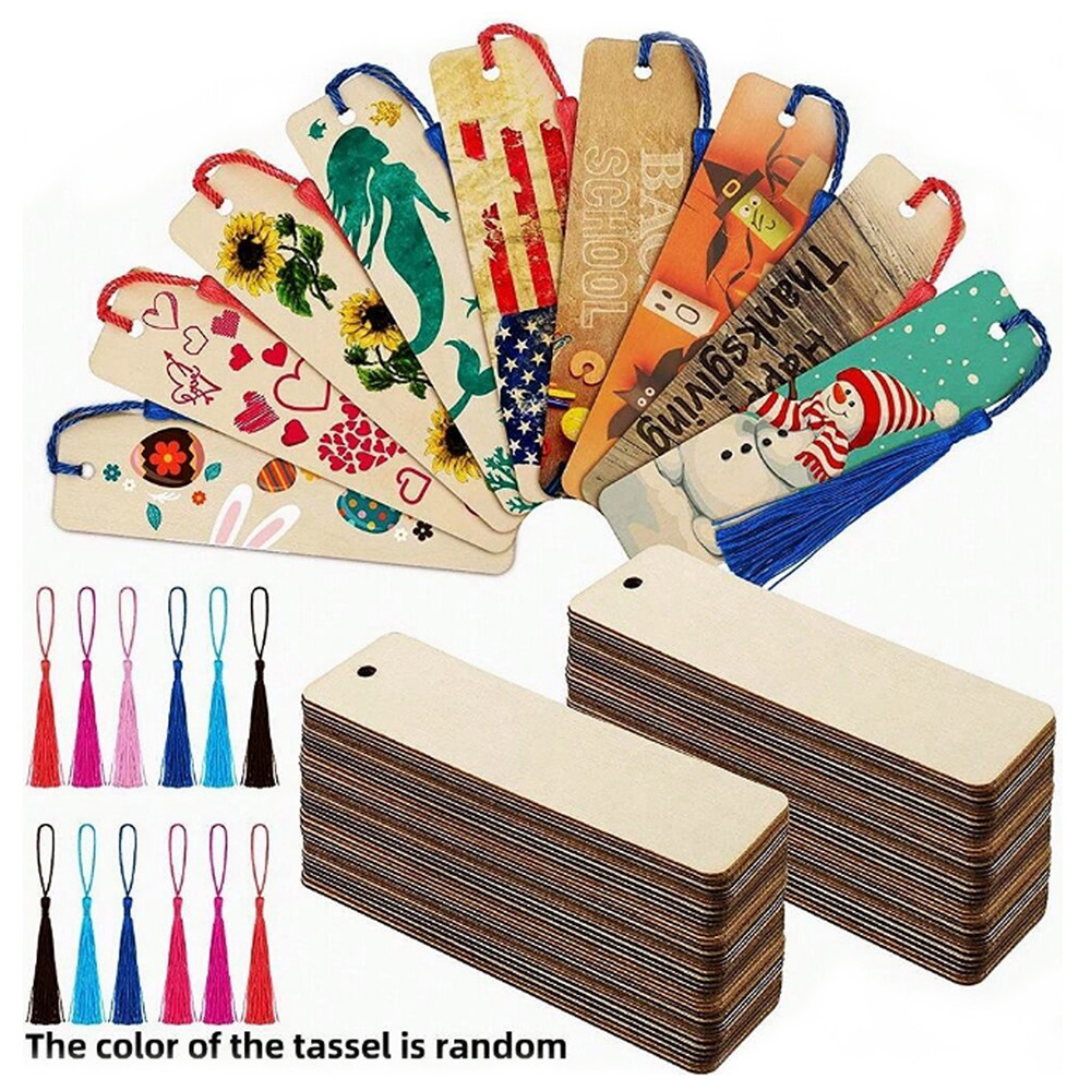 DIY Wooden Craft Bookmarks Set, Wooden Blank Bookmarks with Tassels, Square Tag Wedding Birthday Party Decor