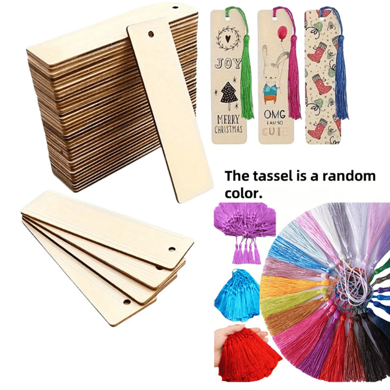 DIY Wooden Craft Bookmarks Set, Wooden Blank Bookmarks with Tassels, Square Tag Wedding Birthday Party Decor