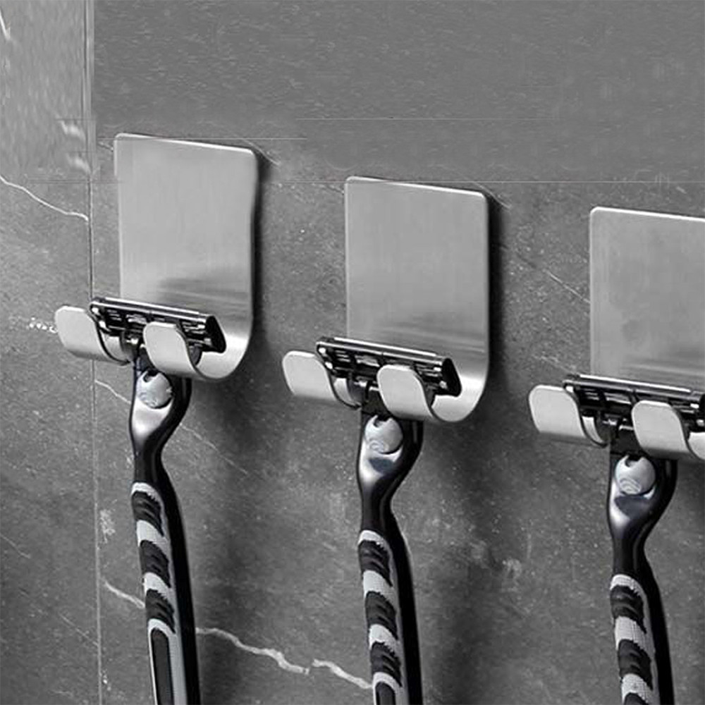 Wall Adhesive Shaving Shelf, Stainless Steel Razor Hook, Shaver Storage Holder for Bathroom & Kitchen Organizer