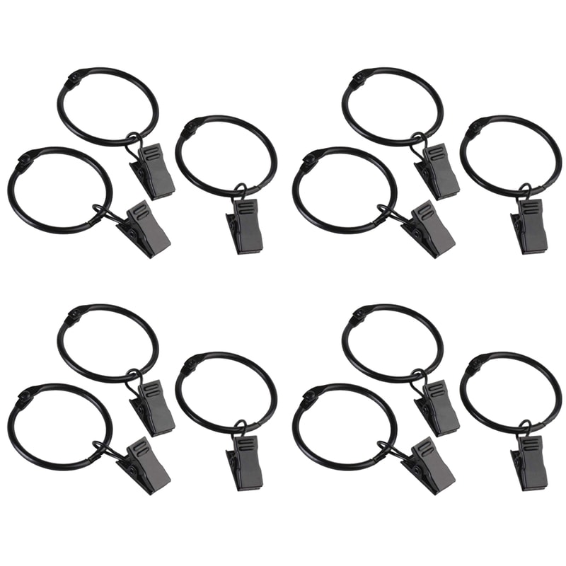 Black Curtain Hooks Hangers, Metal Curtain Rings with Clips, Drapery Clips