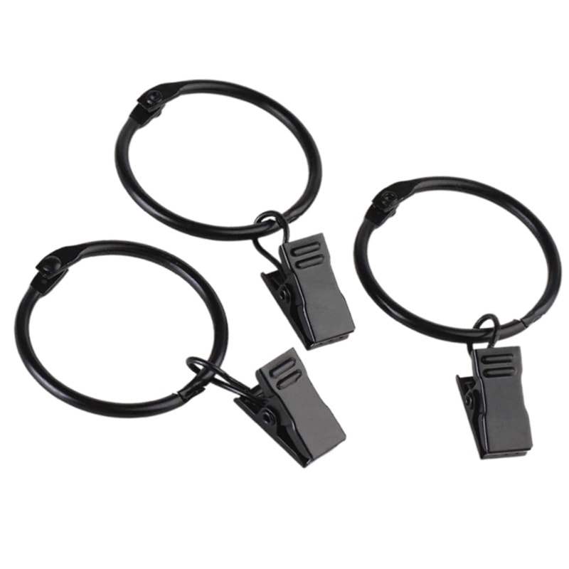Black Curtain Hooks Hangers, Metal Curtain Rings with Clips, Drapery Clips