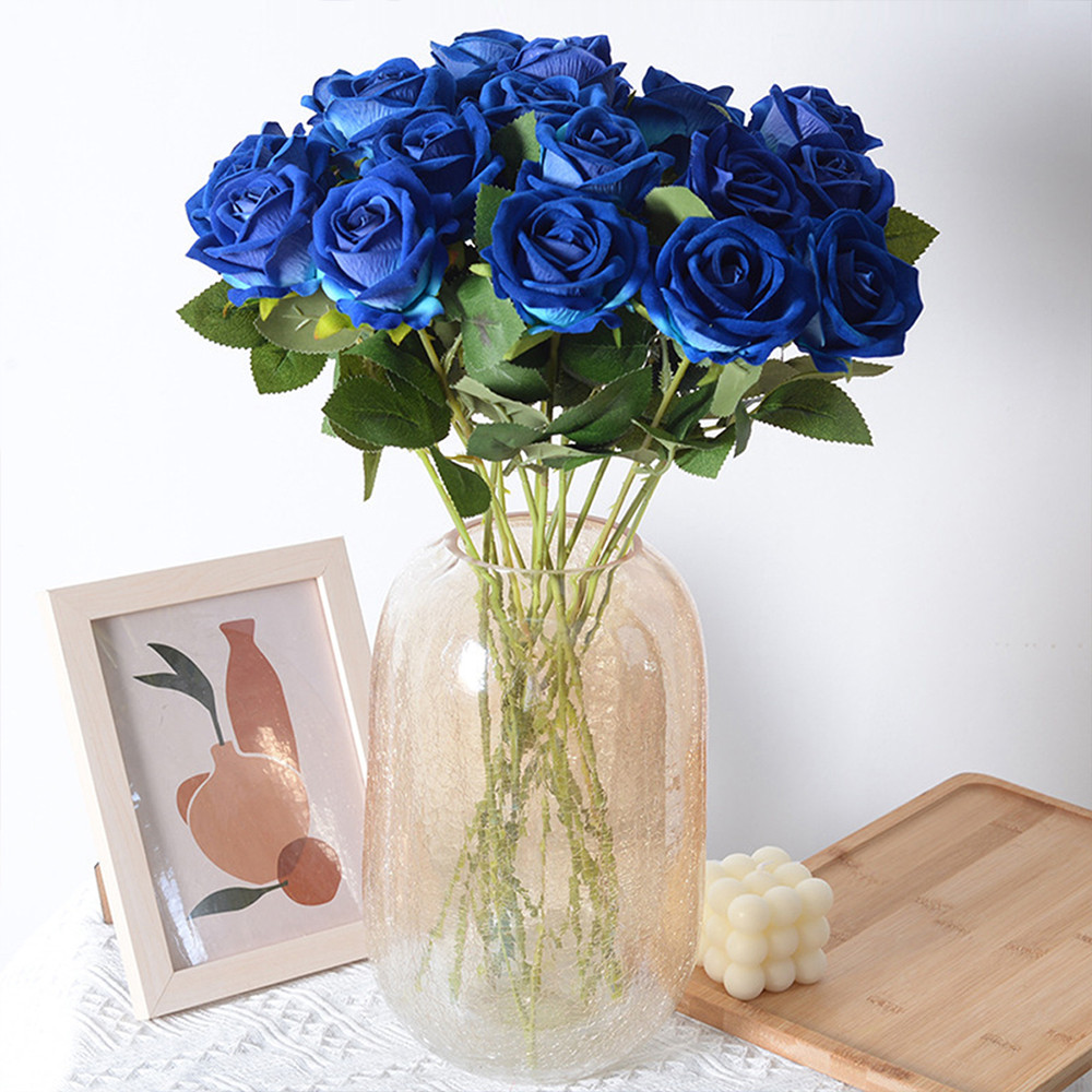 Realistic Velvet Artificial Blue Rose Bouquet, Faux Fake Flowers for Weddings, Home Decor Party Table Decor