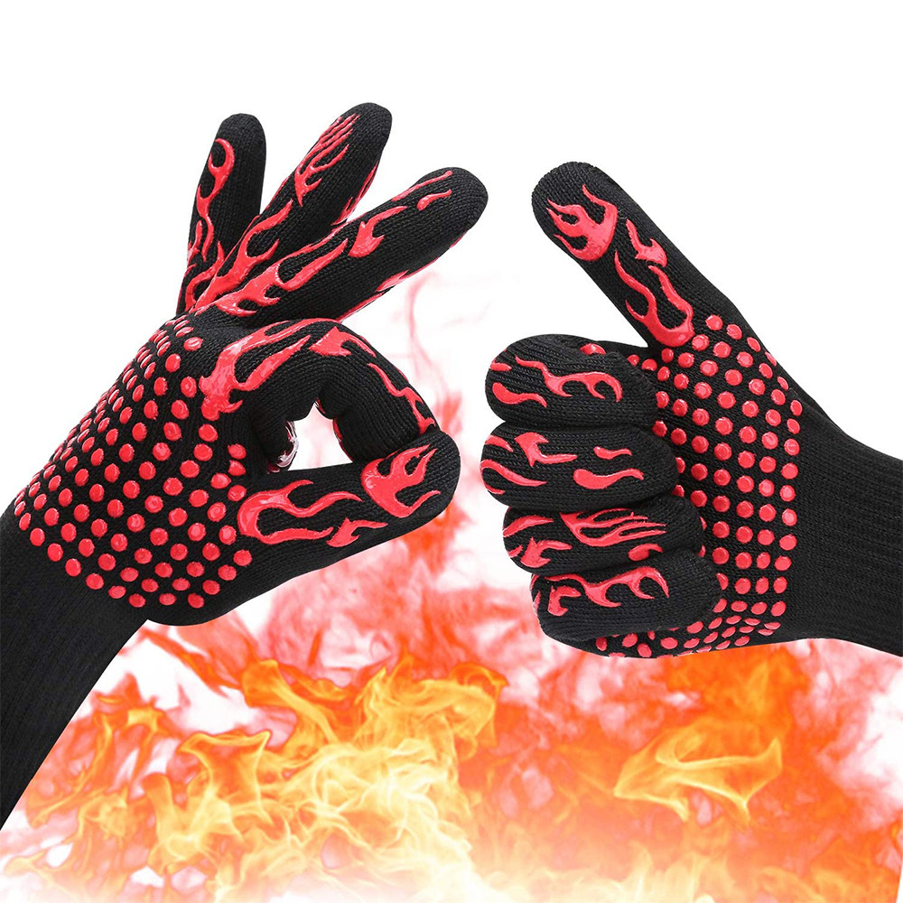 High Temperature Resistant BBQ Grill Gloves, Fireproof Barbecue Mitts, Non-Slip Oven Gloves