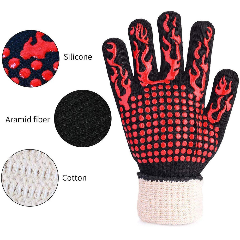 High Temperature Resistant BBQ Grill Gloves, Fireproof Barbecue Mitts, Non-Slip Oven Gloves