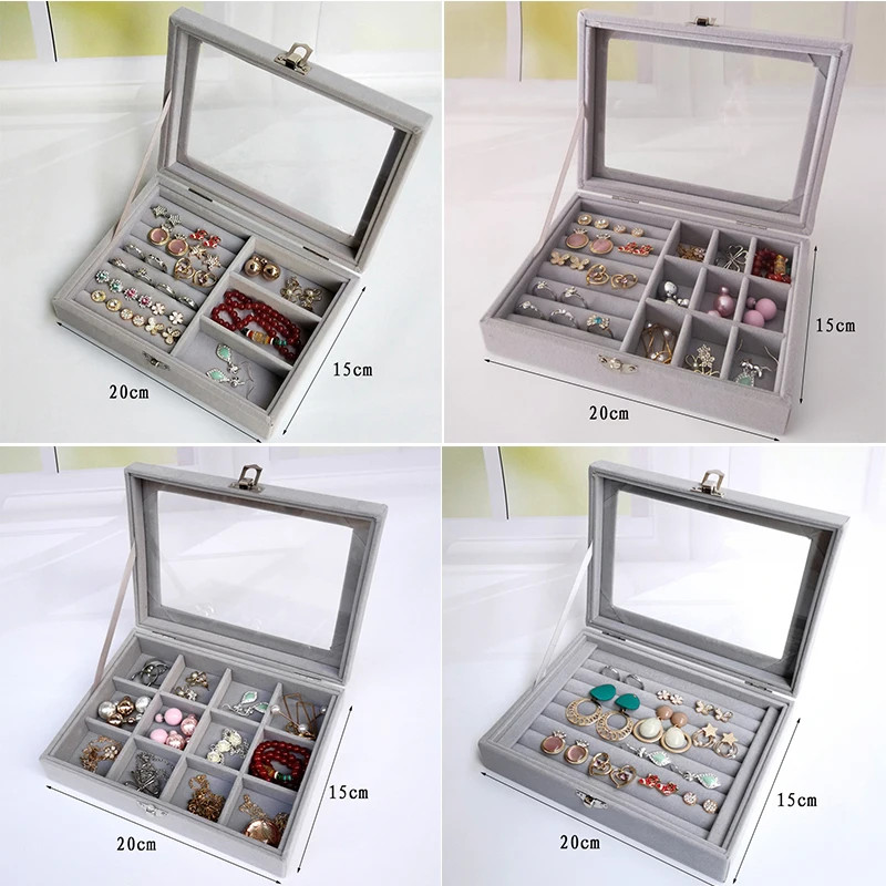 Display Organizer Box For Jewelry Velvet Glass Tray Holder Case For Rings Earrings 1