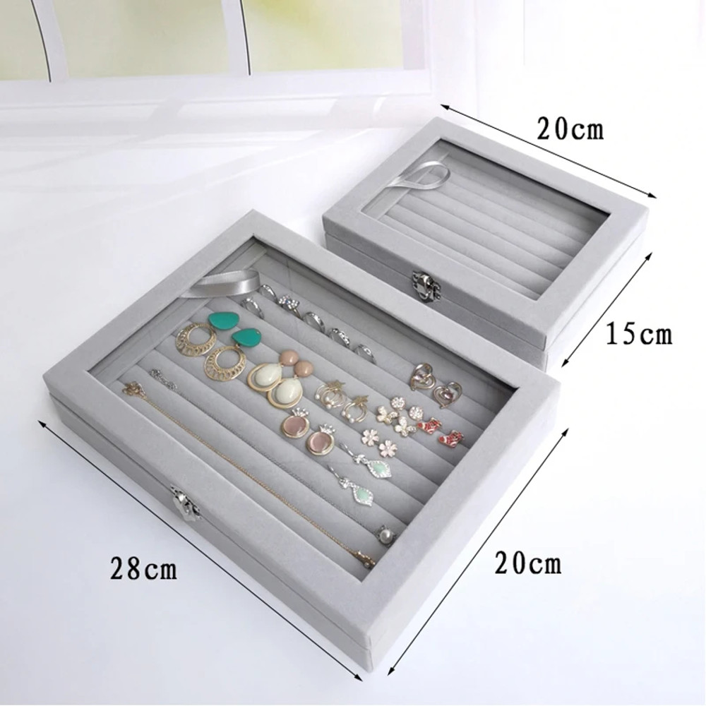 Display Organizer Box For Jewelry Velvet Glass Tray Holder Case For Rings Earrings 3