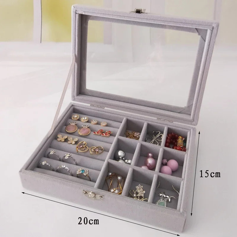 Display Organizer Box For Jewelry Velvet Glass Tray Holder Case For Rings Earrings 6