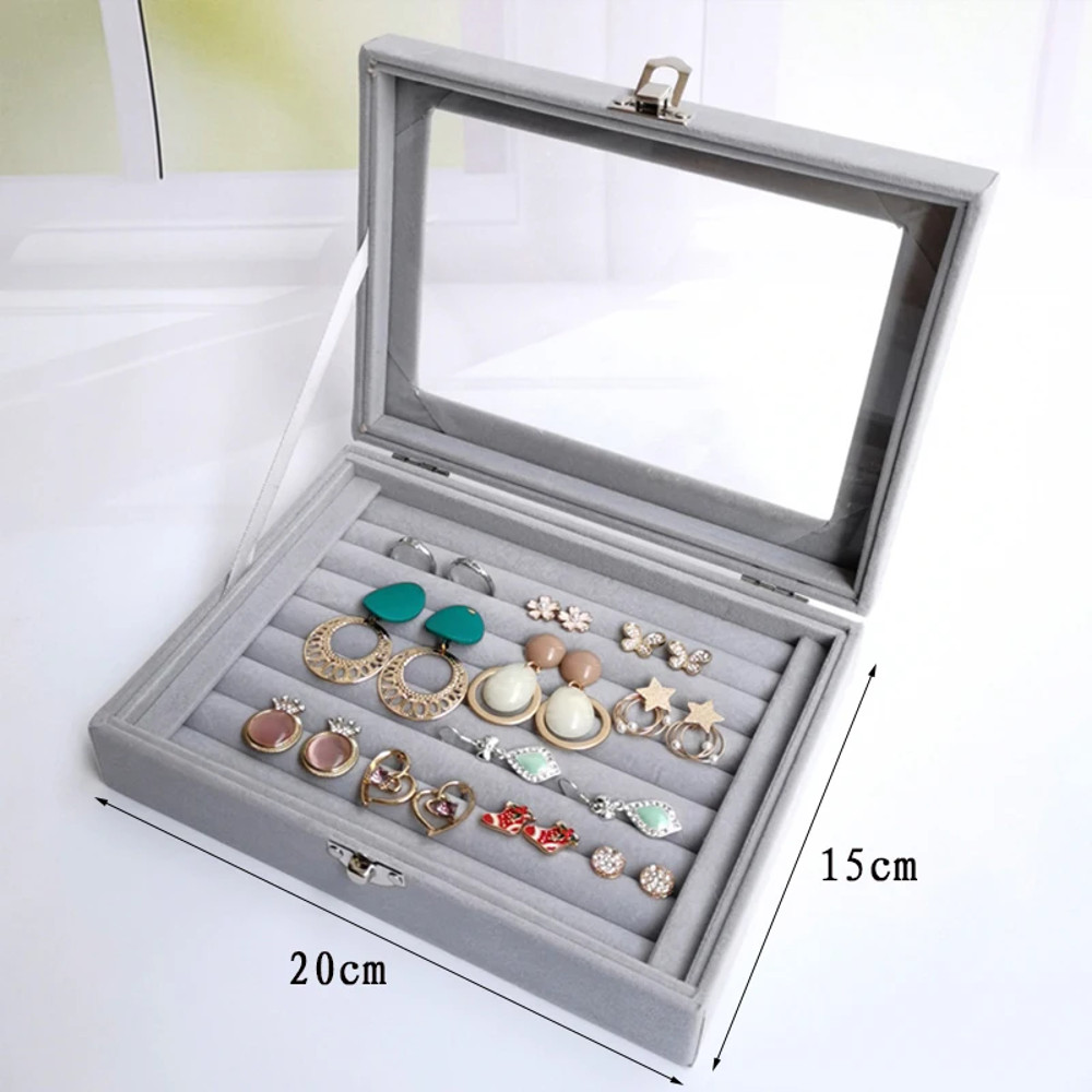 Display Organizer Box For Jewelry Velvet Glass Tray Holder Case For Rings Earrings 7