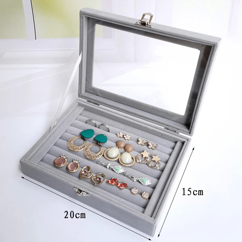 Display Organizer Box For Jewelry Velvet Glass Tray Holder Case For Rings Earrings 7