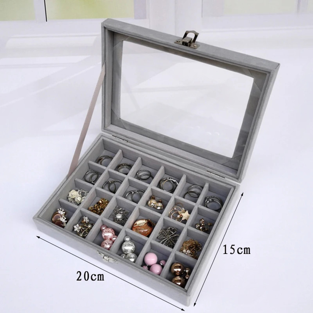Display Organizer Box For Jewelry Velvet Glass Tray Holder Case For Rings Earrings 8
