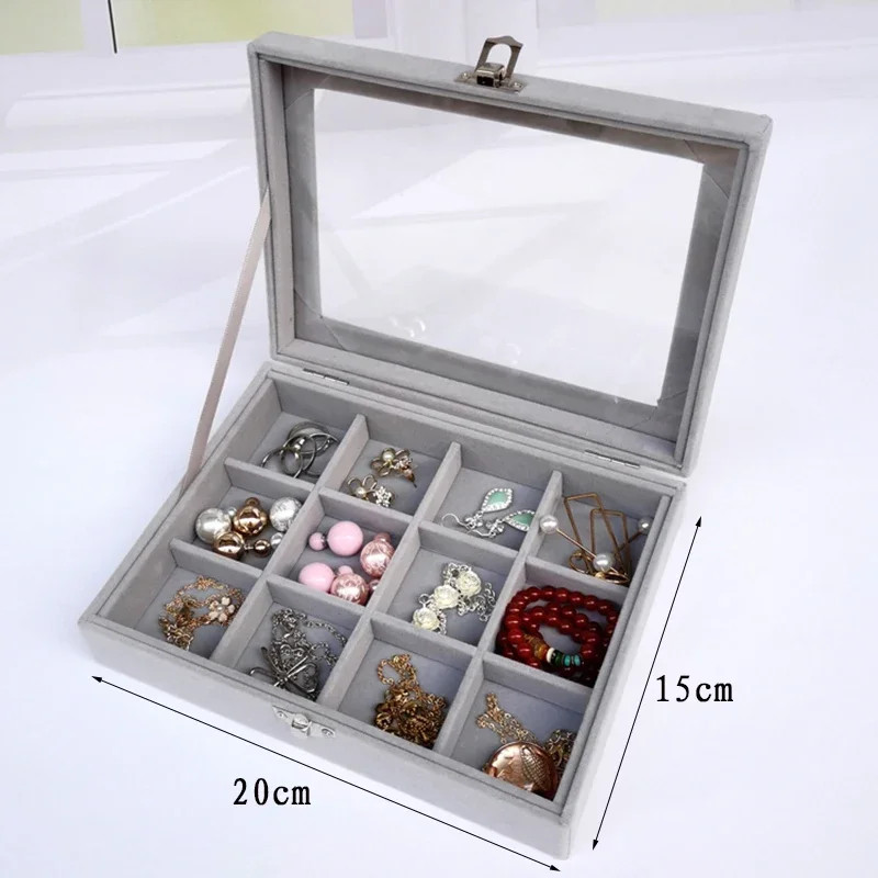 Display Organizer Box For Jewelry Velvet Glass Tray Holder Case For Rings Earrings 9