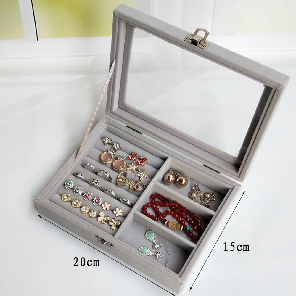 Display Organizer Box For Jewelry Velvet Glass Tray Holder Case For Rings Earrings 10