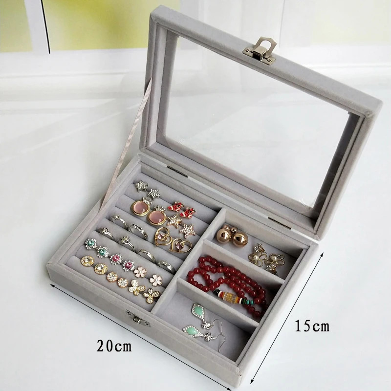 Display Organizer Box For Jewelry Velvet Glass Tray Holder Case For Rings Earrings 10