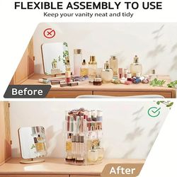 spinning countertop holder, clear makeup organizer with rotation, bathroom cosmetics storage