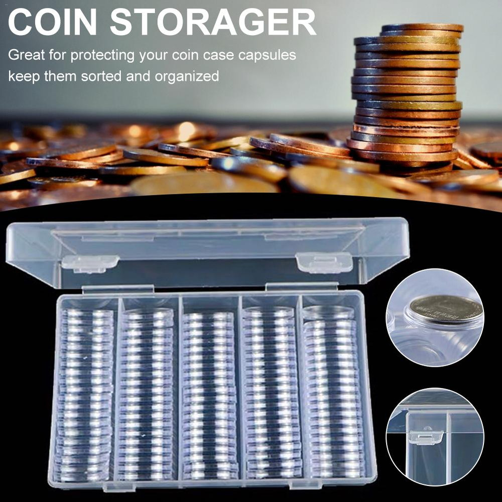Container with Storage Organizer Box, Foam Gasket for Coin Display, Plastic Coin Holder Capsules