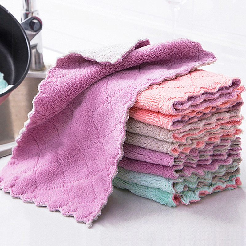 Super Absorbent Double-layer Microfiber Towel, Coral Fleece Non-stick Oil Dishcloths for Cleaning