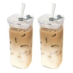 heat resistant square glass coffee cup with lid, straw for milk tea, juice, and drinkware