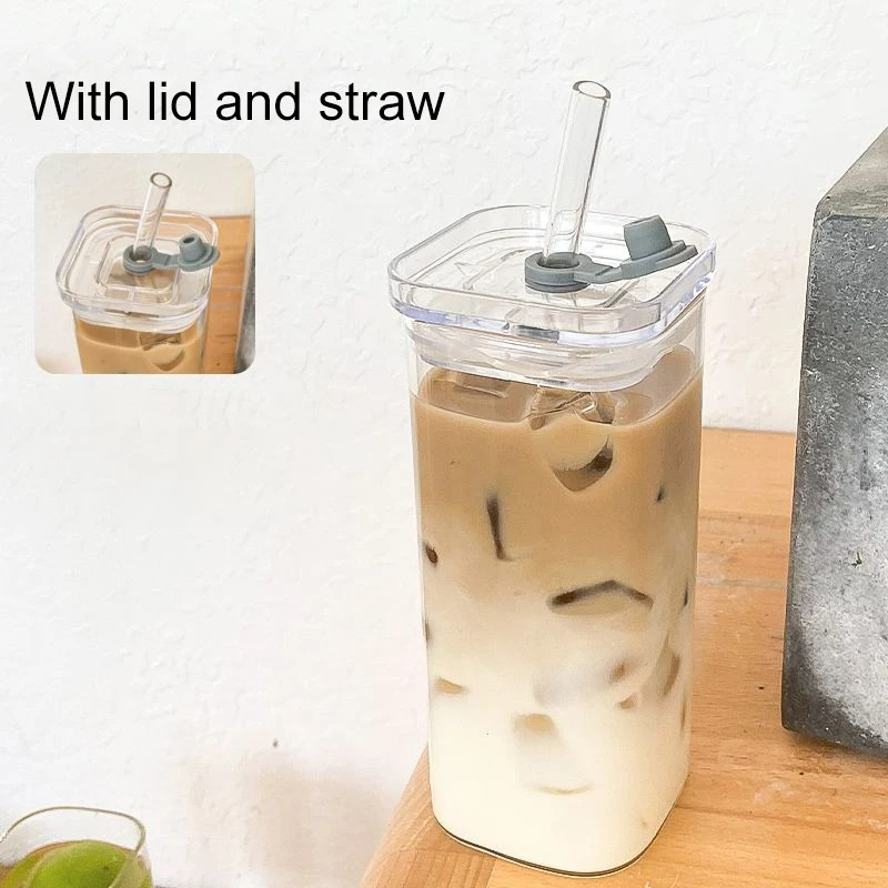 Heat Resistant Square Glass Coffee Cup With Lid Straw For Milk Tea Juice And Drinkware 2