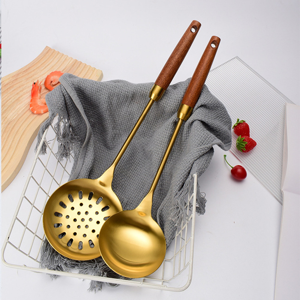 Stainless Steel Kitchen Utensils, Wooden Handle Sabli Spatula, Black Soup Spoon, Golden Kitchen Tools, Leaking Spatula