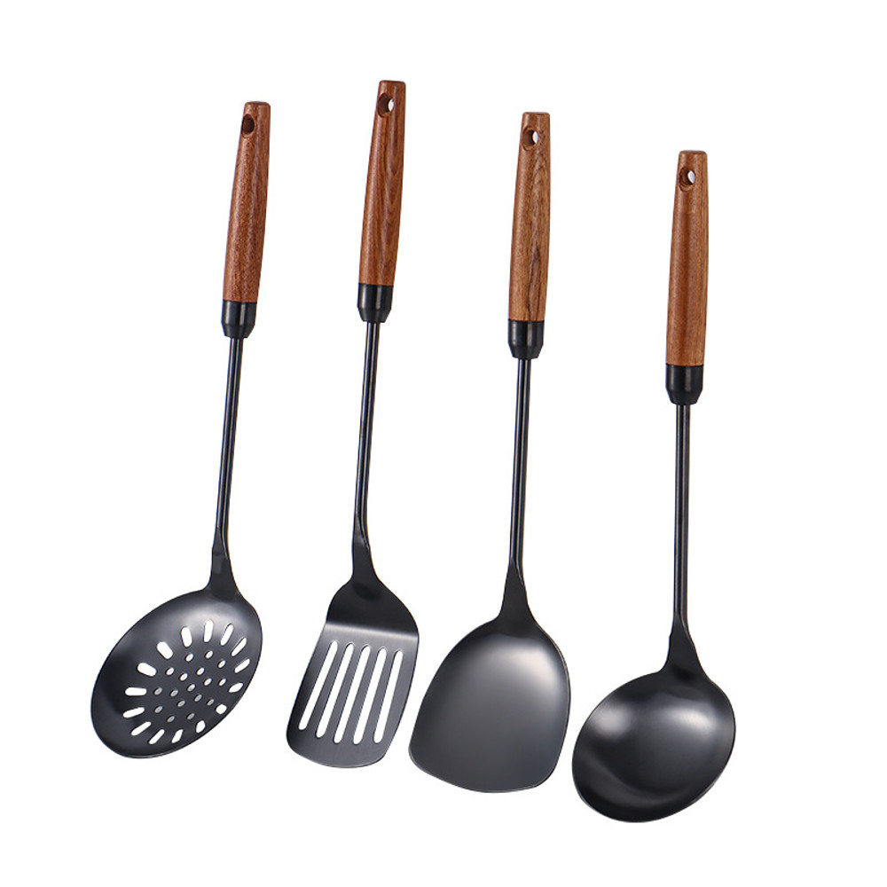 Stainless Steel Kitchen Utensils, Wooden Handle Sabli Spatula, Black Soup Spoon, Golden Kitchen Tools, Leaking Spatula