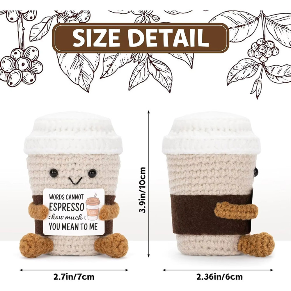 Handmade Crochet Ornaments with Positive Card, Funny Coffee Emotional Support, Cheer Up Gift for Best Friend