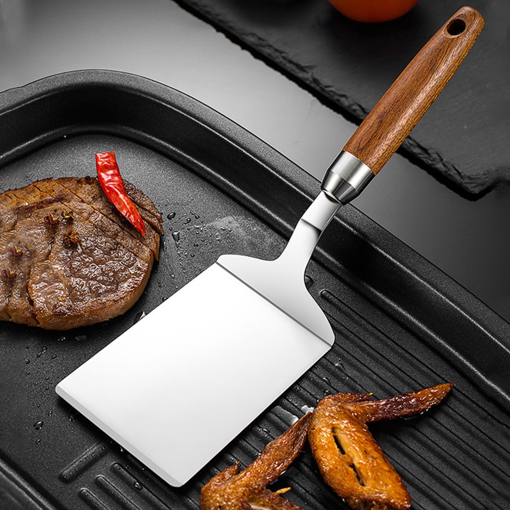 Wood Handle Frying Fish Spatula, Non-stick Pancake Barbecue Tongs, Stainless Steel Steak Tool