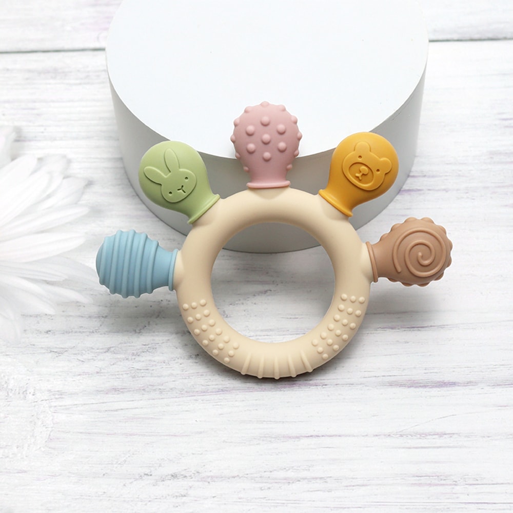 Silicone Baby Ring Teether, Multicolor Gum Relief, Anxiety Soother, Sensory Chew Beads for Babies