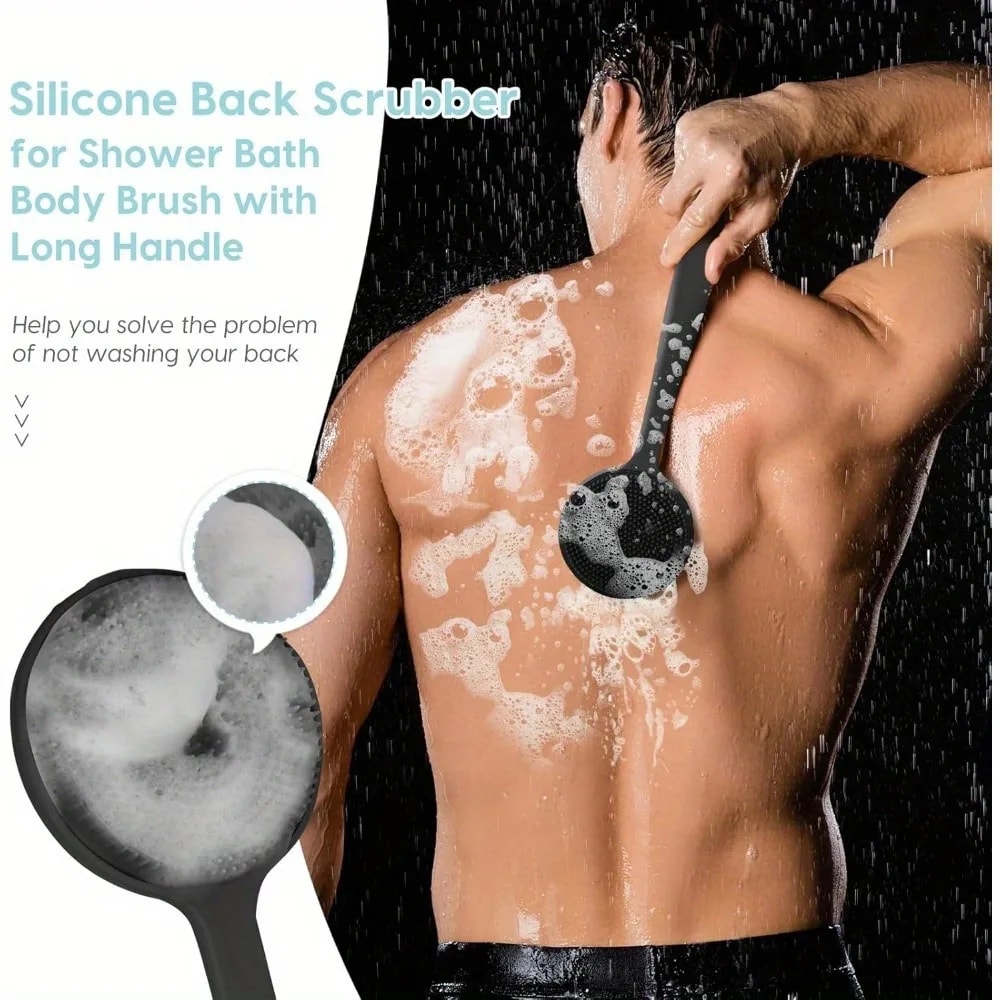Shower Back Scrubber Brush With Silicone Deep Cleansing Exfoliating Massage Long Handle 2