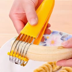 stainless steel banana slicer, curved handle chopper for cutting fruits, vegetables, and sausage in kitchen