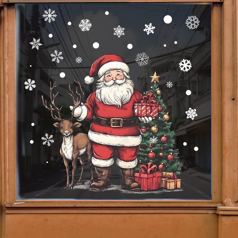 Santa Claus and Reindeer Decorative Stickers, Christmas Holiday Home Wall Stickers for Window Decoration