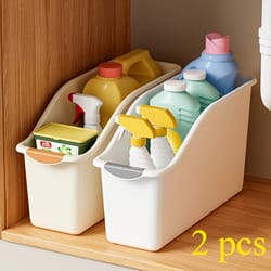 multipurpose curved plastic storage bins, household organization boxes for cleaning supplies, home essentials storage