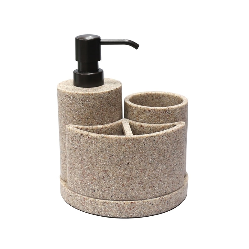 Durable Resin Bathroom Organizer Sandstone Bath Accessory Set Soap Pump Toothbrush Holder Tumbler 1