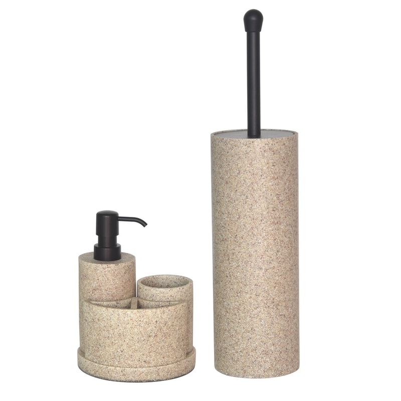 Durable Resin Bathroom Organizer Sandstone Bath Accessory Set Soap Pump Toothbrush Holder Tumbler 2