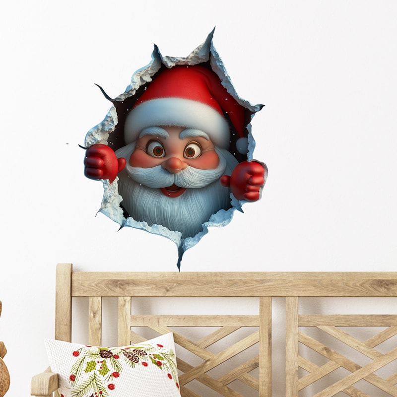 Vinyl Santa Claus Break-Through Wall Decal, Christmas Wall Stickers with Elk Deer Holiday Home Decoration