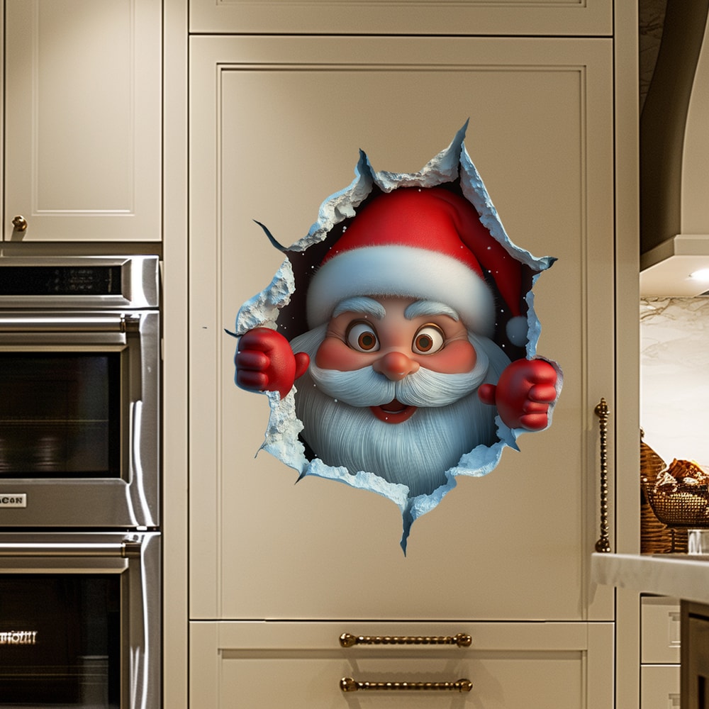 Vinyl Santa Claus Break-Through Wall Decal, Christmas Wall Stickers with Elk Deer Holiday Home Decoration