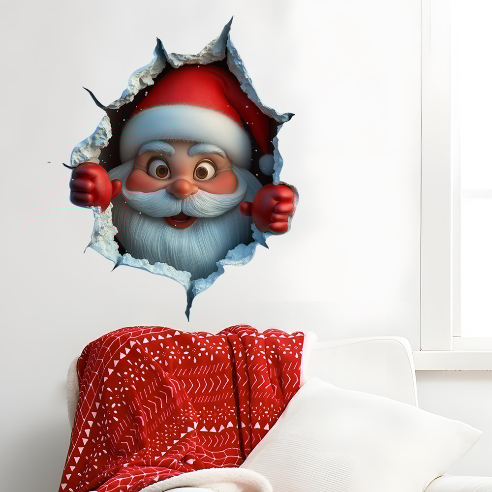 Vinyl Santa Claus Break-Through Wall Decal, Christmas Wall Stickers with Elk Deer Holiday Home Decoration