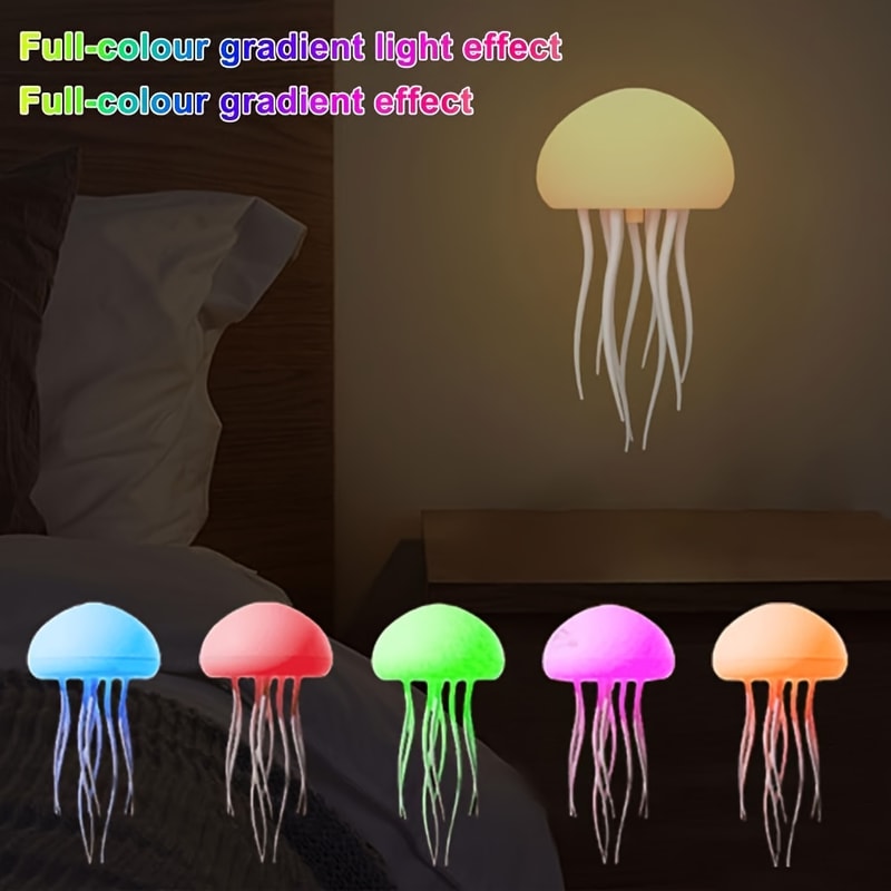Cute Jellyfish Bedside Lamp RGB Gradient, Cartoon Jellyfish Night Light, Voice Control Type C Charging LED Night Lamp