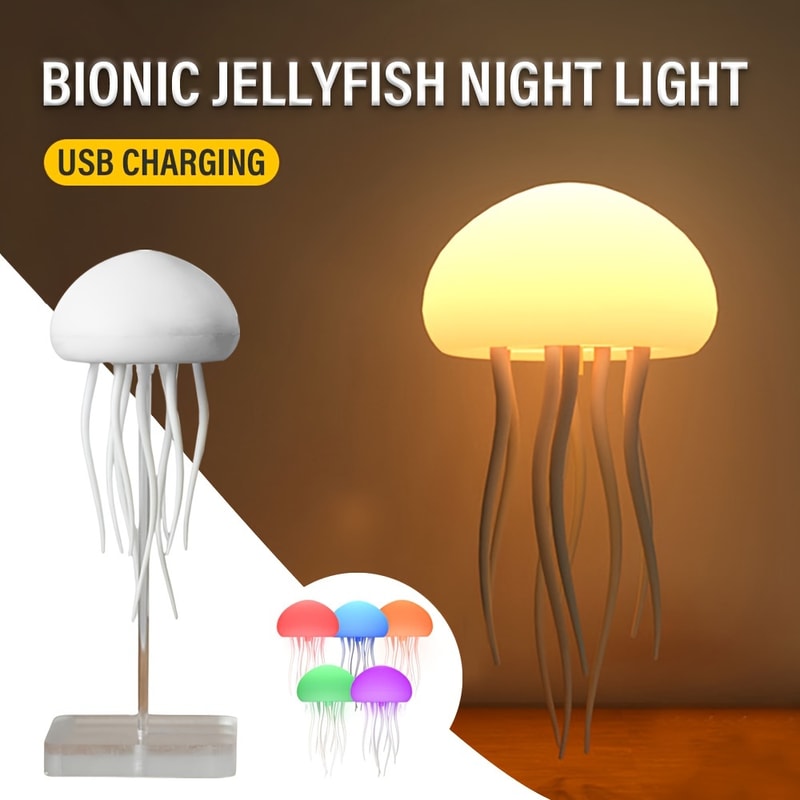 Cute Jellyfish Bedside Lamp RGB Gradient, Cartoon Jellyfish Night Light, Voice Control Type C Charging LED Night Lamp